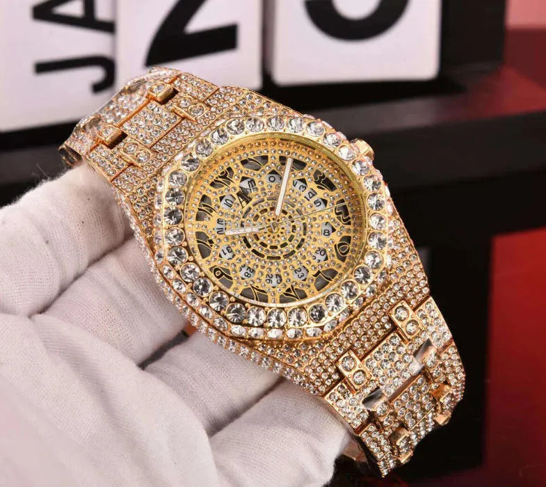AP iced out gold arabics numbers with hole , logo.