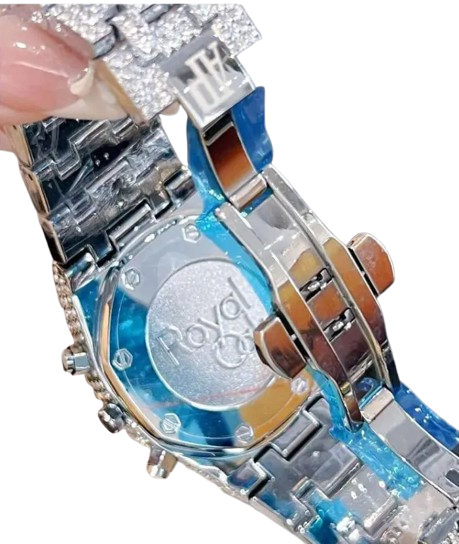 AP iced out silver arabics numbers with hole , logo.