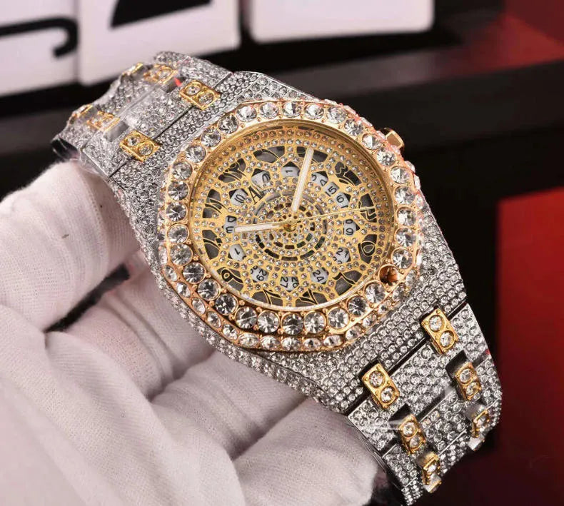AP iced out silver-gold arabics numbers with hole , logo.