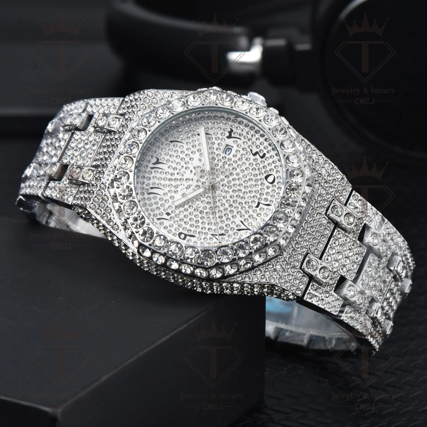 AP iced out silver arabics numbers , logo