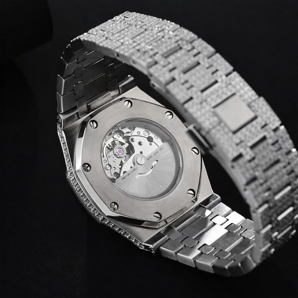 AP iced out silver , moissanite.