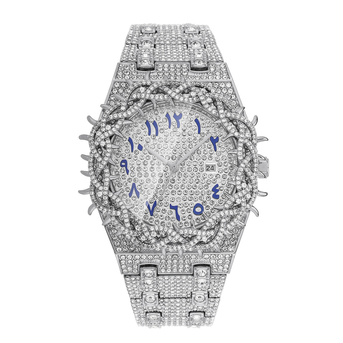 AP iced out silver arabic numbers with crown of thorns