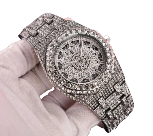 AP iced out silver arabics numbers with hole , logo.