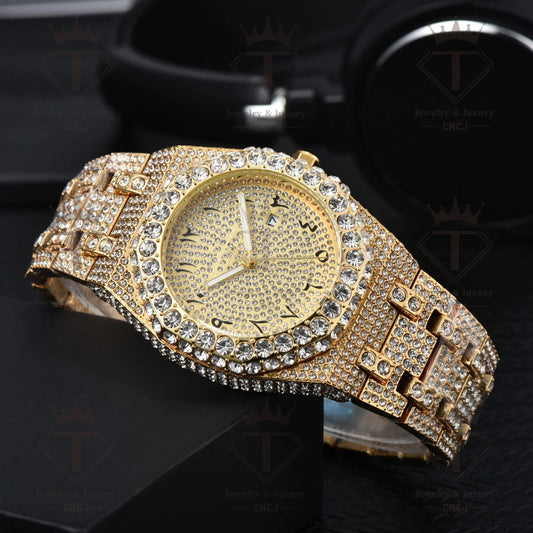 AP iced out gold arabics numbers , logo.