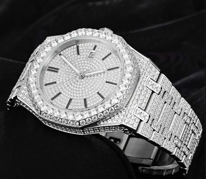 AP iced out silver , moissanite.