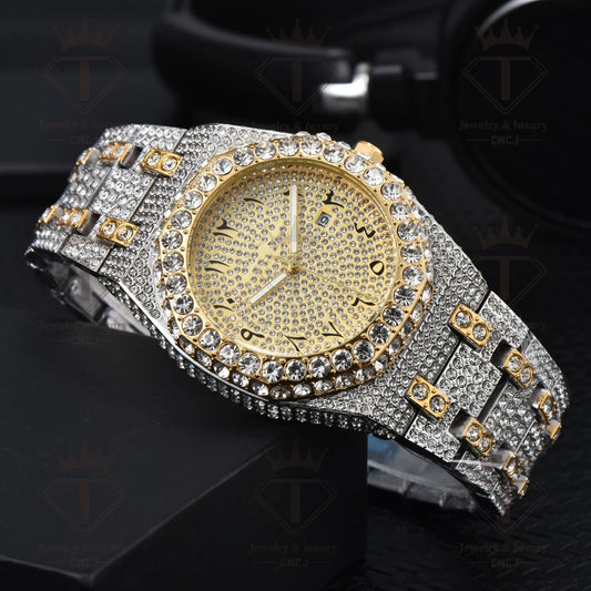 AP iced out silver-gold arabics numbers , logo.