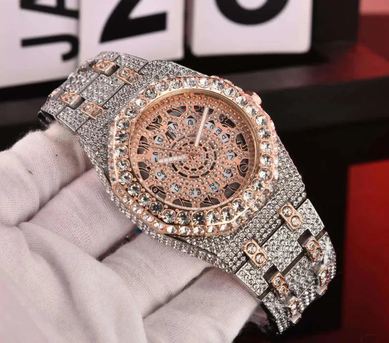 AP iced out silver-gold rose arabics numbers with hole , logo.