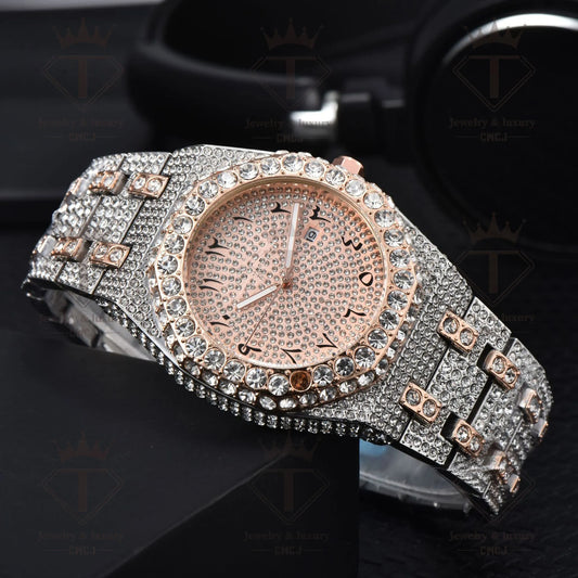 AP iced out silver-gold rose arabics numbers , logo.