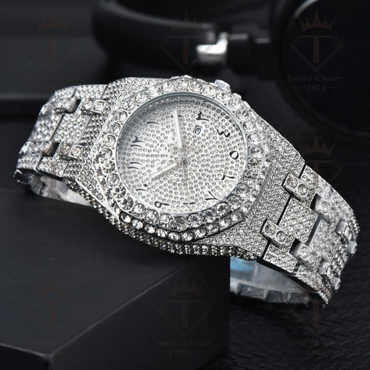 AP iced out silver arabics numbers , logo