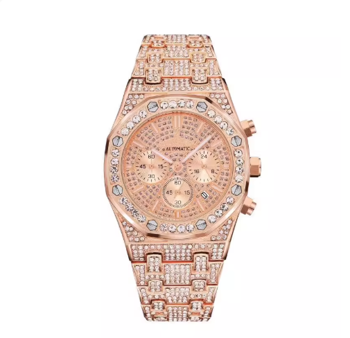 AP chronograph iced out gold rose with screws , logo.
