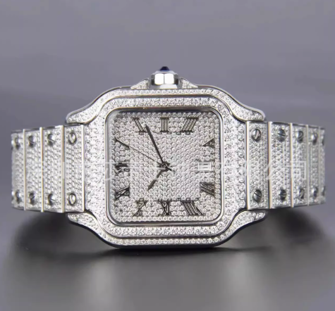 Cartier Santos iced out silver moissanite