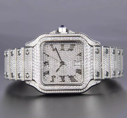Cartier Santos iced out silver moissanite