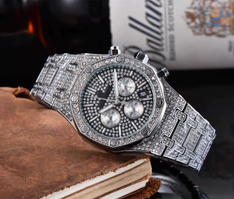 AP chronograph iced out silver with screws , logo.