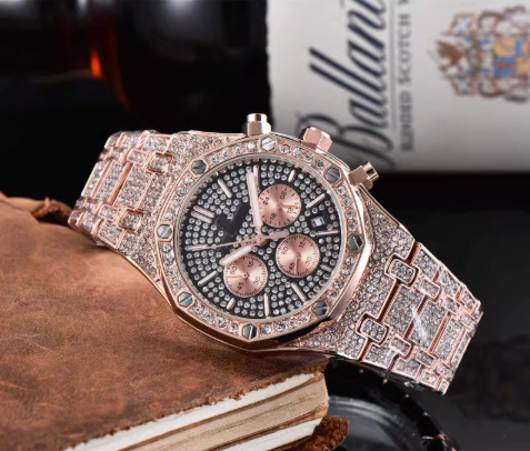 AP chronograph iced out gold rose with screws , logo.