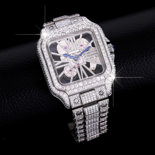Cartier Skelleton iced out silver moissanite , logo.