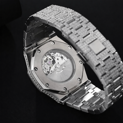 AP iced out silver , moissanite.