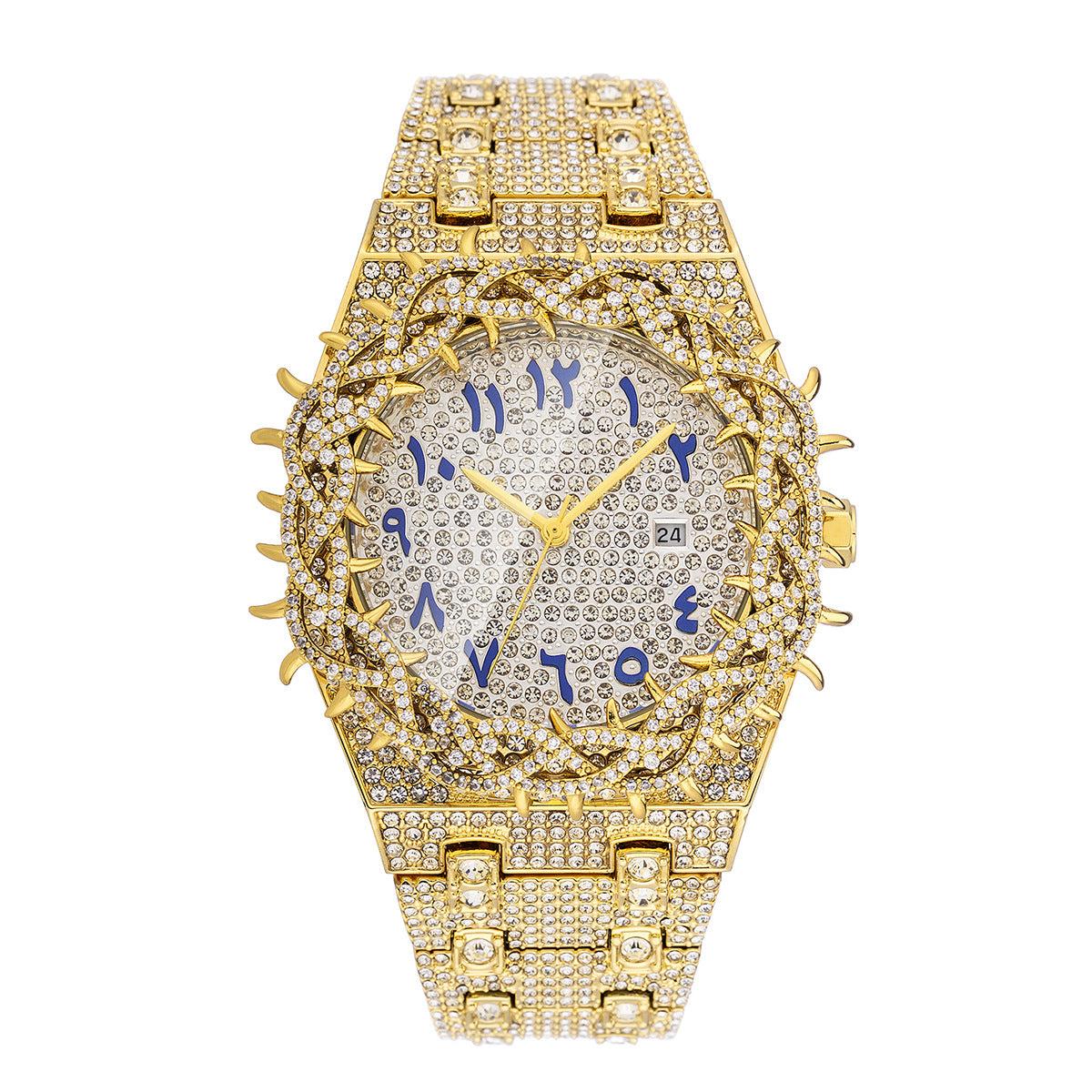 AP iced out gold arabic numbers with crown of thorns