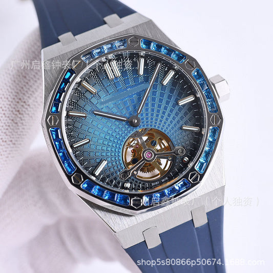 AP tourbillon silver with rubber strap and diamonds , logo.