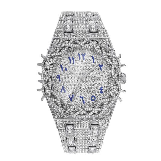AP iced out silver arabic numbers with crown of thorns