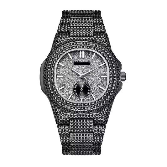 Patek chronograph iced out black tone , logo.