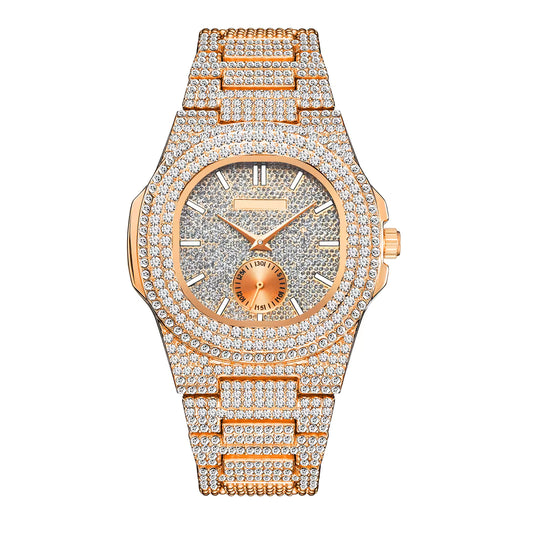 Patek chronograph iced out gold , logo.