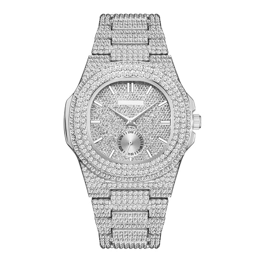 Patek chronograph iced out silver , logo.
